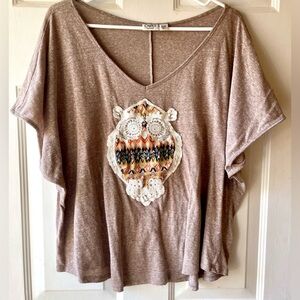 Cato Crochet Mesh Retro Owl Motif Light Mocha Brown Heathered Knit Top 26W 28W